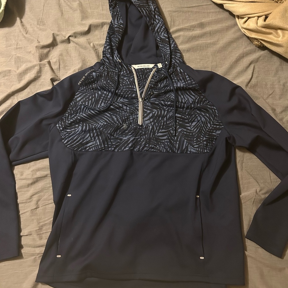 Peter Millar Navy Quarter Zip Hooded Pullover